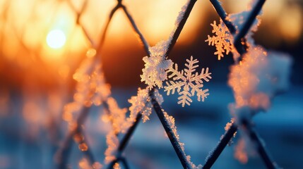 Wall Mural - Close-up of snowflakes resting on a fence, with the soft light of sunset in the background