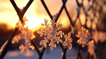 Wall Mural - Close-up of snowflakes resting on a fence, with the soft light of sunset in the background