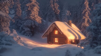 Wall Mural - A snow-covered cabin in the woods, with soft light illuminating the snow-covered roof