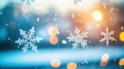 Wall Mural - A close-up of snowflakes on a window pane, with soft natural light shining through