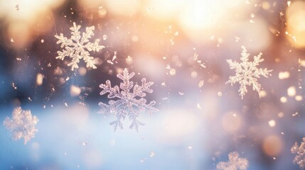 Wall Mural - A close-up of snowflakes on a window pane, with soft natural light shining through