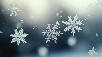 Wall Mural - A close-up of snowflakes on a window pane, with soft natural light shining through