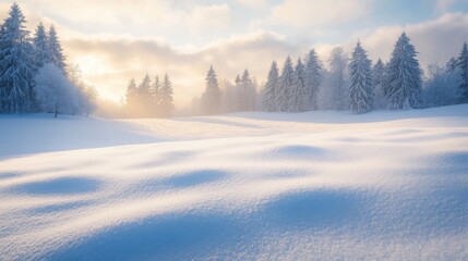 Wall Mural - A peaceful snow-covered field with distant trees and the soft light of morning breaking through