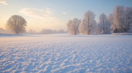 Wall Mural - A peaceful snow-covered field with distant trees and the soft light of morning breaking through