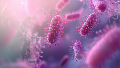 Canvas Print - 3D render of a close-up view of vibrant violet and pink bacteria in the background.