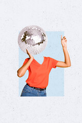 Poster - Vertical photo collage of anonym girl dance weekend occasion instead head disco ball club entertainment isolated on painted background