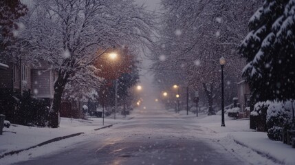 Wall Mural - Snow gently falling on a quiet street with trees covered in white and soft light from street lamps