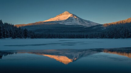 Wall Mural - A snow-covered mountain peak reflected in a frozen lake, with soft light from the early morning sun