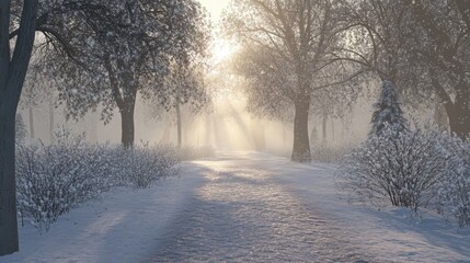 Wall Mural - A snow-covered path through a park, with soft light filtering through the trees in the background