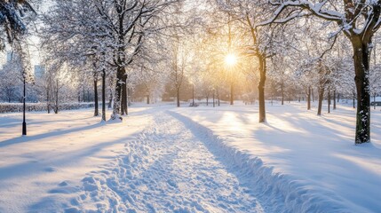 Wall Mural - A snow-covered path through a park, with soft light filtering through the trees in the background