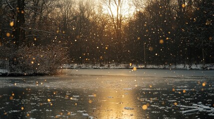 Wall Mural - Snowflakes gently falling on a frozen pond, with soft natural light shining through the trees
