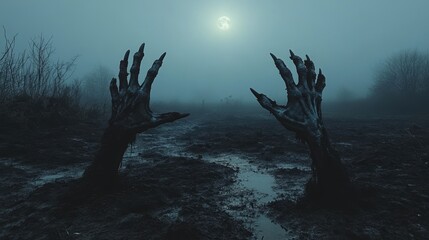 Spooky scaring monster hand breakout of ground in graveyard with fog tombstone cross