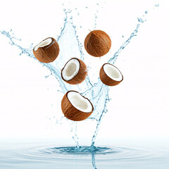 coconut splashing into water with ripples and spray