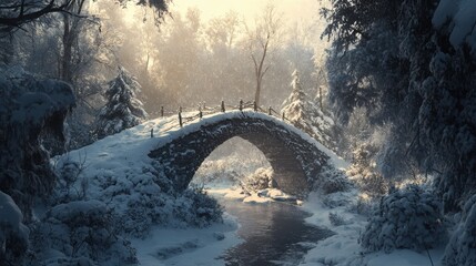Wall Mural - A snow-covered bridge in a forest, with soft light filtering through the snow-laden trees