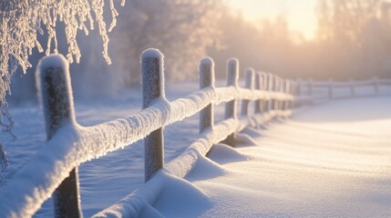 Wall Mural - A snow-covered fence stretching across a peaceful field, with soft light from the setting sun