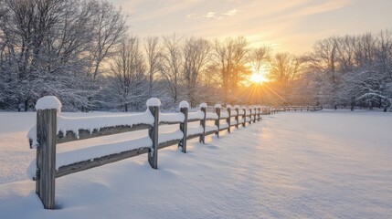 Wall Mural - A snow-covered fence stretching across a peaceful field, with soft light from the setting sun
