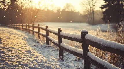 Wall Mural - A snow-covered fence stretching across a peaceful field, with soft light from the setting sun