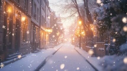 Wall Mural - A quiet street covered in snow, with soft natural light filtering through the falling snowflakes