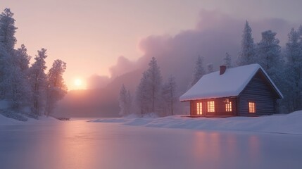 Wall Mural - a snow-covered cabin at the edge of a frozen lake, softly illuminated by the setting sun