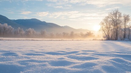 Wall Mural - A peaceful winter landscape with snow-covered fields and distant mountains softly glowing in the sunlight