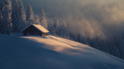 Wall Mural - A snow-covered hill with a small wooden cabin at the top, softly illuminated by the morning sun
