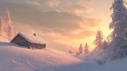 Wall Mural - A snow-covered hill with a small wooden cabin at the top, softly illuminated by the morning sun