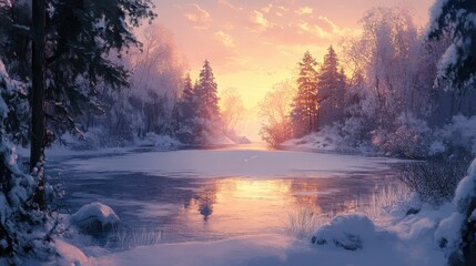 Wall Mural - A frozen lake surrounded by snow-covered trees, softly lit by the setting sun