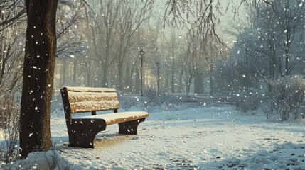Wall Mural - A snow-covered bench in a quiet park, with soft light filtering through the falling snow