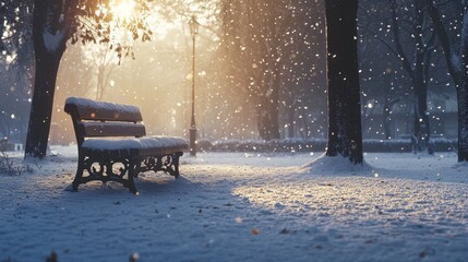 Wall Mural - A snow-covered bench in a quiet park, with soft light filtering through the falling snow