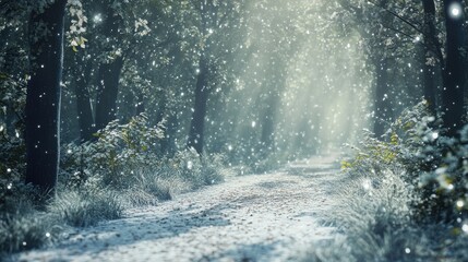 Wall Mural - Snow gently falling on a quiet forest path, with soft natural light creating a serene atmosphere