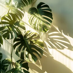 Canvas Print - Lush green monstera leaves casting shadows on a wall, creating a serene atmosphere.