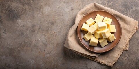 Canvas Print - A plate of diced cheese cubes on a rustic cloth.