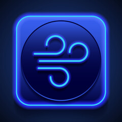 Wind simple icon. Flat design. Blue neon style on button. With shadow