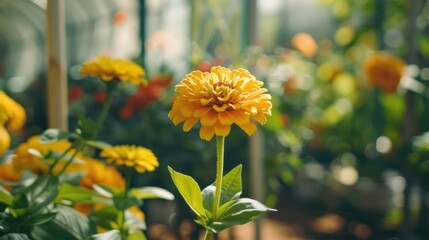Wall Mural - a single yellow zinnia flower in a garden setting