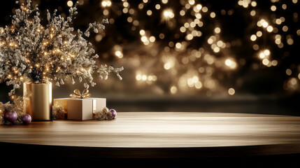 christmas background with decorations in black,purple and gold color with gift box on dark background	