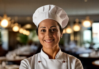 A skilled and confident female chef in a luxurious restaurant, smiling warmly in a crisp white uniform and chef's hat, representing expertise, creativity, and passion for fine dining.