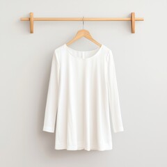 White long-sleeve shirt hanging on wooden hanger against a minimalistic background.