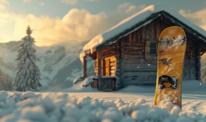 Canvas Print - Snowboard propped against the cabin, 4K hyperrealistic photo