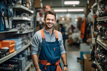 Portrait of a happy salesman standing in hardware store