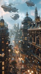 Wall Mural - steampunk city with flying machines, 4k hyperrealistic photo