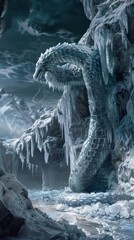 Poster - Mythic ice serpent coiled around ancient ice formations, 4K hyperrealistic photo