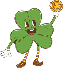 Cartoon retro groovy green shamrock clover leaf character, saint patrick day holiday personage. Isolated vector Irish lucky trefoil with funny smile, striped stockings and golden sparkling coin