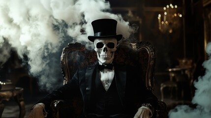 Portrait of a skeleton gentleman with hat. The decoration poster for Halloween.