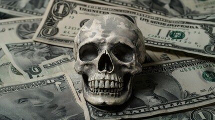 Skull on cash money closeup view