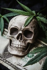 Skull on cash money with marijuana leaf closeup view