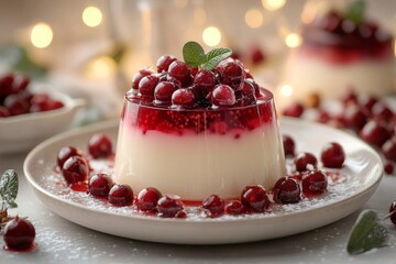 Vanilla panna cotta with berry topping and mint, festive Italian holiday dessert