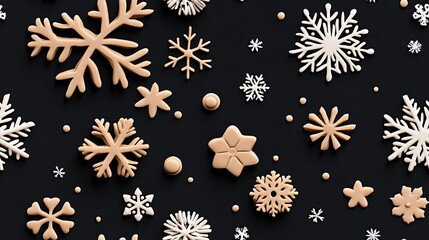 Poster - The design features an array of 3D embossed clay snowflakes arranged seamlessly on a dark gray background, highlighting their intricate patterns and textures SEAMLESS PATTERN