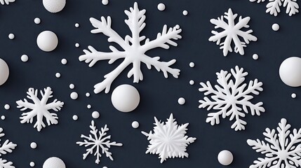 Poster - The design features an array of 3D embossed clay snowflakes arranged seamlessly on a dark gray background, highlighting their intricate patterns and textures SEAMLESS PATTERN