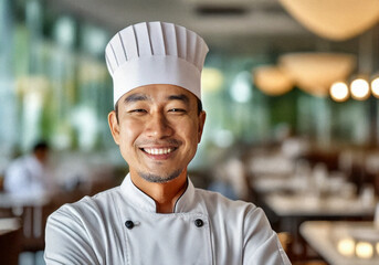 A professional and friendly male chef in a high-end restaurant, confidently wearing a pristine white uniform and hat, showcasing his expertise and passion for creating exquisite dishes.