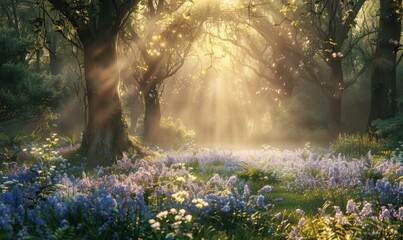 Poster - Sun-dappled forest with a carpet of bluebells, 4K hyperrealistic photo